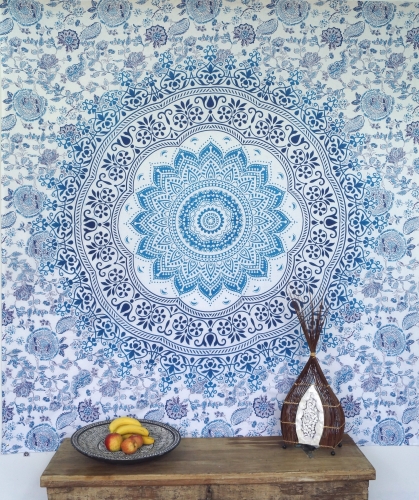 Boho style wall hanging, Indian bedspread mandala print - blue/turquoise/white - 220x210 cm