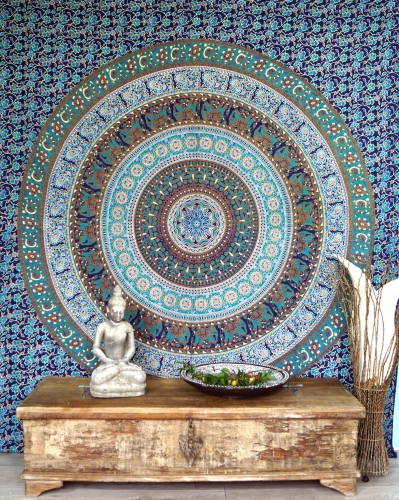 Boho style wall hanging, Indian bedspread Mandala print- blue/green - 225x205 cm