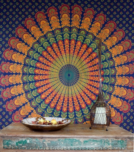 Boho style wall hanging, Indian bedspread Mandala print - blue/orange/green - 220x210 cm