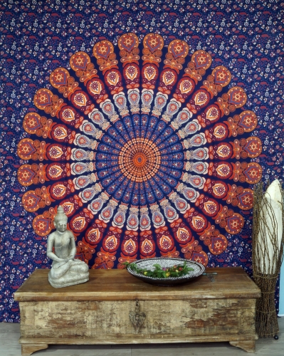 Boho style wall hanging, Indian bedspread Mandala print- blue/orange/purple - 230x210 cm