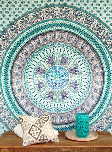 Boho style wall hanging, Indian bedspread Mandala print- green/turquoise - 240x210 cm