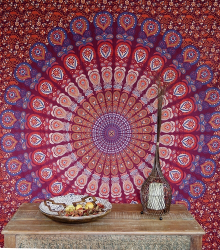 Boho style wall hanging, Indian bedspread mandala print - purple/red/orange - 240x210 cm