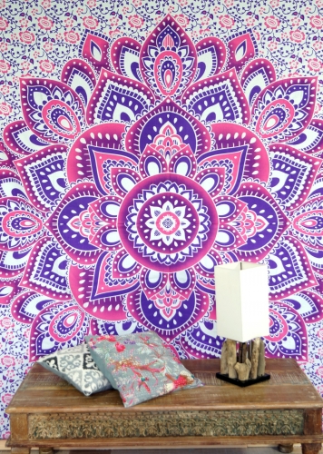 Boho-Style Wandbehang, indische Tagesdecke Mandala Druck - weiß/pink - 230x210 cm