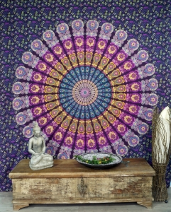 Boho style wall hanging, Indian bedspread Mandala print- blue/purple - 220x210x* cm 