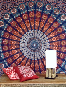 Boho style wall hanging, Indian bedspread Mandala print- blue/orange - 215x200 cm