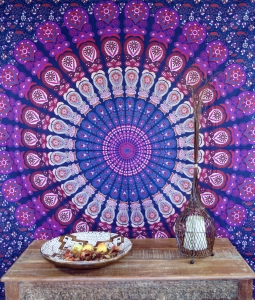 Boho style wall hanging, Indian bedspread Mandala print- purple/blue - 240x210 cm