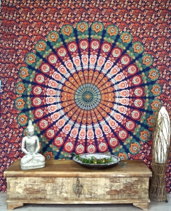 Boho style wall hanging, Indian bedspread Mandala print- orange/blue - 230x210 cm