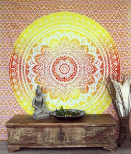 Boho style wall hanging, Indian bedspread Mandala print - orange/yellow - 230x210 cm