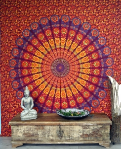 Boho style wall hanging, Indian bedspread Mandala print- red/orange/pink - 230x210 cm